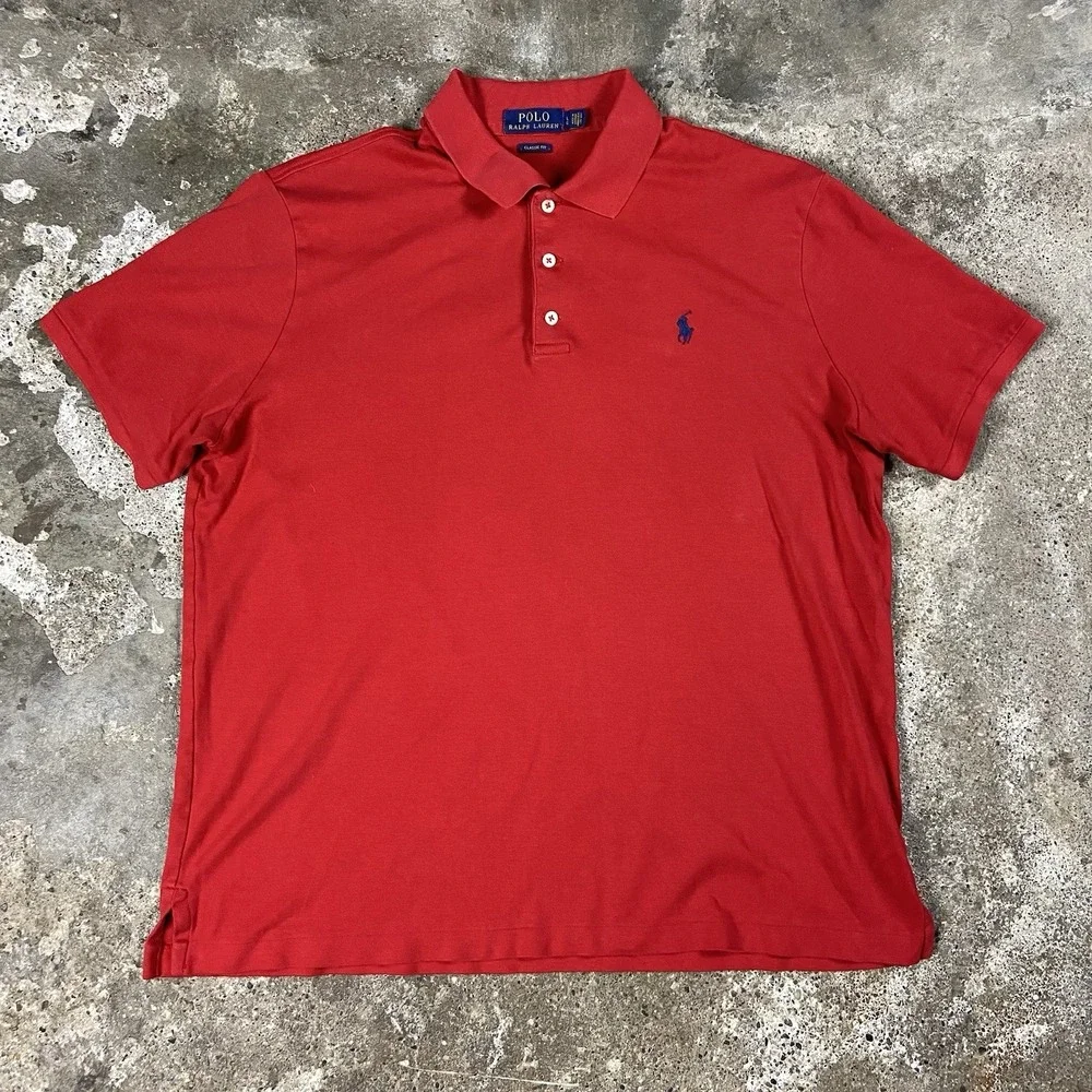 Polo Ralph Lauren Polo Shirt Size Large Red Classic Fit Short Sleeve Blue Pony‎